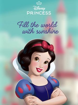 The image is a promotional graphic for a Disney princess product, presumably a pendant. It features a digitally rendered illustration of Snow White, the Disney princess. She is positioned center-frame from the shoulders up, with a soft and blurred background suggesting a castle setting and a light blue sky. The graphic's color palette is bright and vibrant, with Snow White's skin tone appearing fair and her red bow and lips adding a pop. Text overlays include 'Disney Princess' at the top and 'Fill the world with sunshine', adding to the princess theme and call to action to purchase.