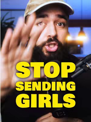 The cover image features a close-up of a man with a beard wearing a tan cap. He is positioned in the foreground with his hand raised, seemingly motioning to stop something. Overlaid, in large yellow letters, are the words "STOP SENDING GIRLS." The background is blurred but appears to be a room with lights and possibly a microphone.