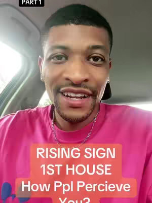 A selfie-style shot of a man inside a car, looking at the camera and speaking. In the lower center of the frame, a rectangular graphic with dark orange background displays text about rising signs and the 1st house of astrology.