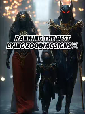 An AI-generated image showing three figures walking towards the viewer. The foreground features a child-like figure in dark armor. Behind, two more figures are present, one in a dark, horned helmet and ornate armor, and another in a long, flowing dress. A text overlay reads "RANKING THE BEST LYING ZODIAC SIGNS" in a white, outlined font, placed above the figures, a skull appears at the text end. The background has a bokeh effect with multiple bright points of light.