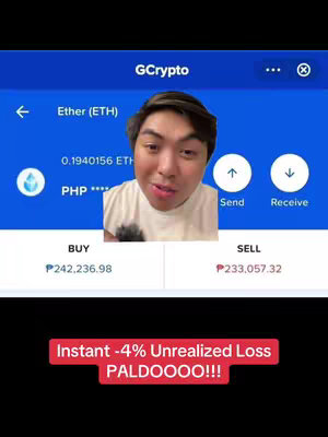 The cover image showcases a mobile app interface overlaid with a selfie of a man. The app displays cryptocurrency details, including Ether (ETH) values and corresponding PHP amounts, alongside buy and sell options. The man is in the center, looking at the viewer. A red rectangular text box at the bottom reads "Instant -4% Unrealized Loss PALDOOOO!!!"