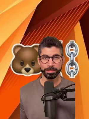 The cover image features a man with glasses in front of a graphic background. To the left, an emoji-style bear face is placed, while a chain icon is positioned to the right. The man is centered, holding a microphone. The background has abstract shapes and colors, including orange and brown gradients, suggesting a crypto-related theme.