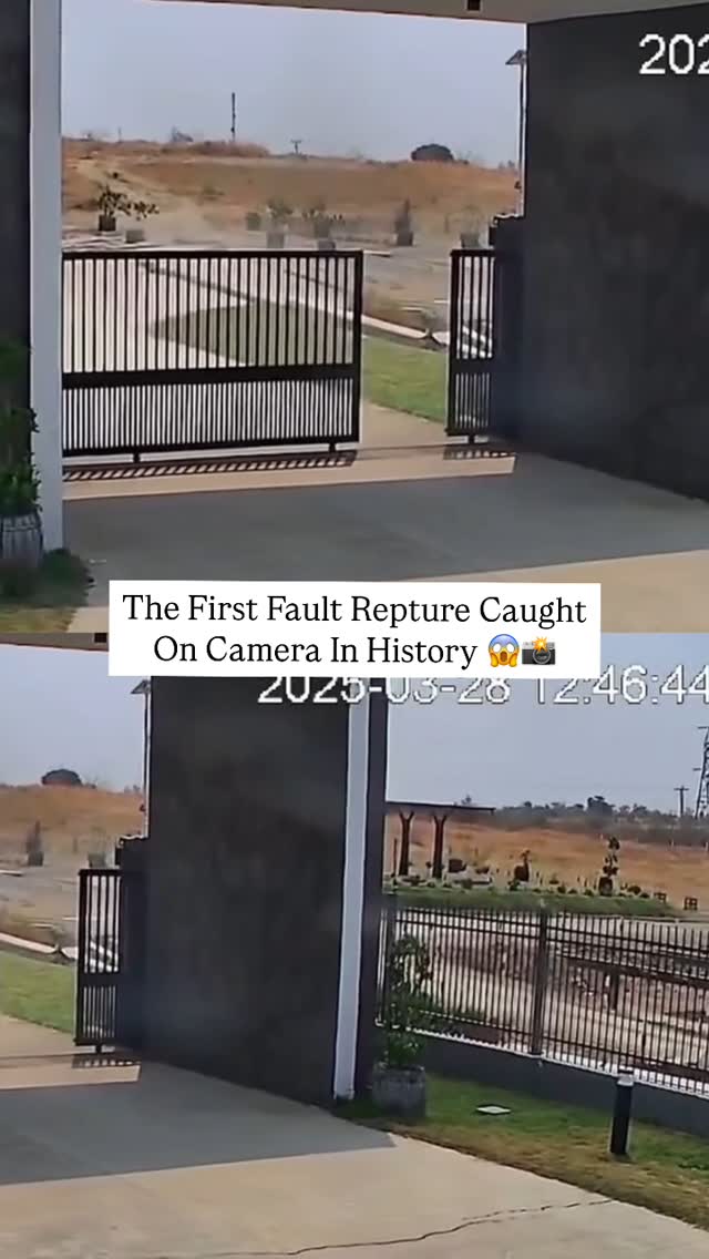 The cover image shows a split view, the bottom view displaying an open gate and the top displaying closed gate, with text overlaid. A paved road stretches toward an open gate, partially obscuring a field and distant trees. Text overlays the image, stating 'The First Fault Ruture Caught On Camera In History' and a timestamp appears on the middle right of the image.