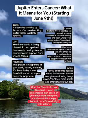 A vertically oriented image shows a landscape with a lake reflecting the sky and mountains. Overlayed text boxes give astrological insights, and a red box at the bottom with text serves as a call to action.