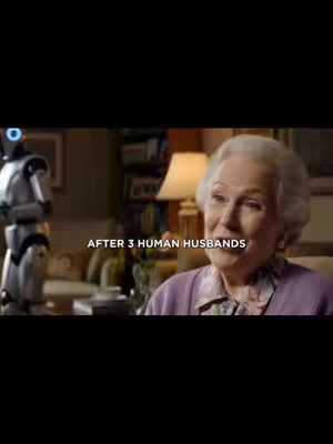 A woman with white hair and a purple shirt is sitting on a sofa. A robot is standing beside her. Text overlay at the bottom says "AFTER 3 HUMAN HUSBANDS".