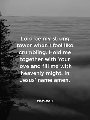 A grayscale image depicts a serene landscape with a foreground featuring the edge of a dark, evergreen tree on the left side. The background is dominated by soft, cloud-like formations that extend across the horizon, creating an ethereal, mist-filled atmosphere. Overlaid on this scene is white text in a clean sans-serif font, expressing a prayer. The text is vertically centered and includes the website Pray.com at the bottom.