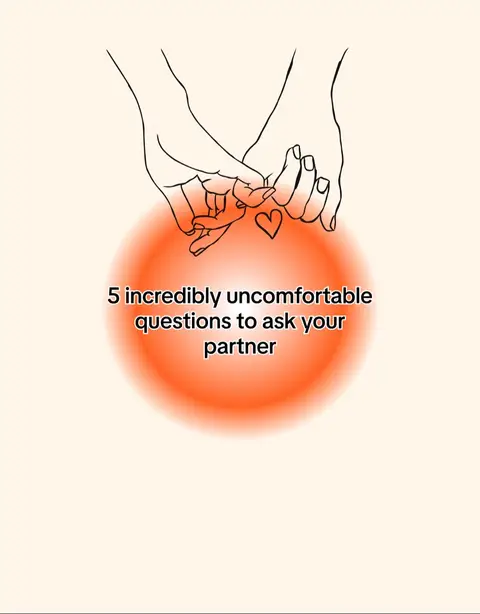 The image is a vertical design on a light beige background. At the top, two hands are depicted in a minimalist line art style, their pinkies intertwined, symbolizing a promise. Below the hands, centered, is an orange gradient circle. Superimposed over the circle and toward the bottom of the image is white text inviting the viewer to consider '5 incredibly uncomfortable questions to ask your partner'.