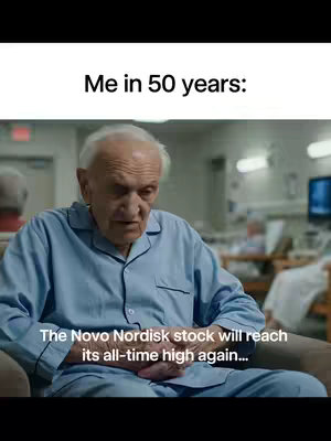 The cover image depicts an elderly man sitting in a chair, looking down with a concerned expression. He is in a hospital or nursing home setting, with a few details of the environment in the background. Text overlay indicates the focus is about the Novo Nordisk company.