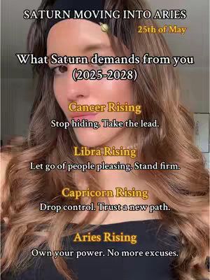 The image features a woman with long brown hair and a black headband, looking directly at the camera. Text overlays are superimposed on the image, providing astrological insights.