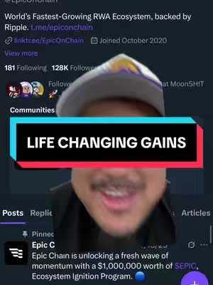 A screen capture of social media user page with a man's face, partially obscured, overlaid with a text box that says "LIFE CHANGING GAINS". The background features text.