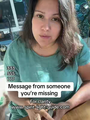 A woman with dark hair looks directly at the camera. The top of her torso is visible, with a green shirt. Text overlays are present, including a set of numbers and a headline about a message from someone missing, also for clairity and a website. The background shows a bright window and a glimpse of an environment. 