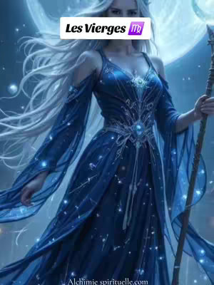An artistic digital image featuring a woman with flowing, silver hair and a blue dress. She is centered in the frame, with the lower part of her face obscured by a white rectangular text overlay that reads 'Les Vierges' with a purple Virgo symbol next to it. Behind her is a soft, out-of-focus, glowing full moon and the woman seems to be holding a staff. The dress is adorned with intricate patterns.