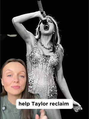 The cover image features a black and white photo of Taylor Swift singing into a microphone with her arm raised. In the bottom left corner is a selfie of a woman. The image has a text overlay that says, 'help Taylor reclaim' in a white box.