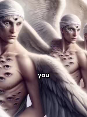 A digital art piece showcasing figures with pale skin and multiple eyes all over their body. One figure is positioned in the foreground, with visible chest and multiple eyes. A text overlay is in the center, spelling out the word "you". The backdrop features blurred wings and hints of more figures, all in shades of white and grey, creating a surreal and ethereal composition.