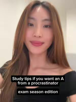 A young woman with long brown hair looks directly at the camera, smiling slightly. The background is a plain, light-colored wall. Text overlays in black boxes provide study tips.