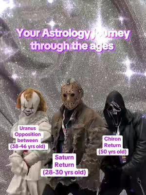 The cover image depicts three figures dressed in costumes from popular horror or fantasy media. The image uses a glittery silver background. From left to right, they are; Pennywise from 'It', Jason Voorhees from 'Friday the 13th', and a character in a Ghostface mask from 'Scream'. Text overlay labels indicate astrological phases and corresponding age ranges. The overall composition is visually striking, using a mix of familiar characters and text.