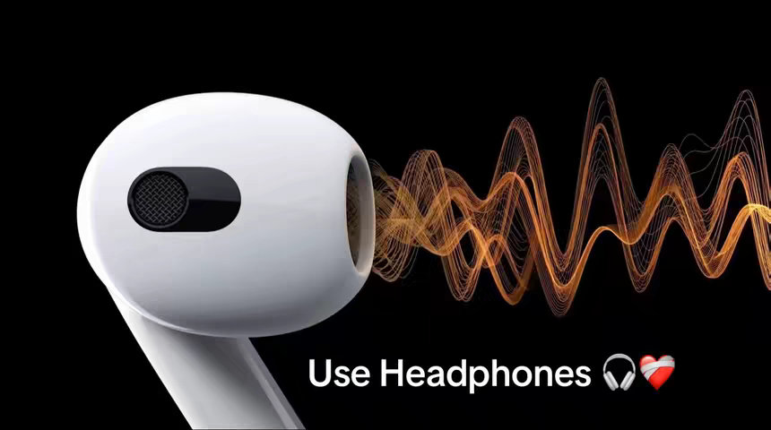 The cover image displays a white wireless earbud, with the right earbud's sound port pointing towards the viewer. From the earbud, orange soundwaves emanate against a stark black background. Below, the text 'Use Headphones' is written in white, accompanied by a headphone icon, a heart, and a bandage.