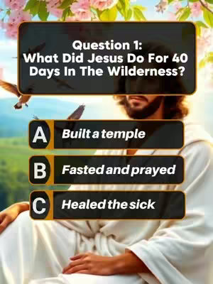 The image is a Bible quiz with a picture of Jesus on the background. The text overlay shows a quiz question and 3 answers.