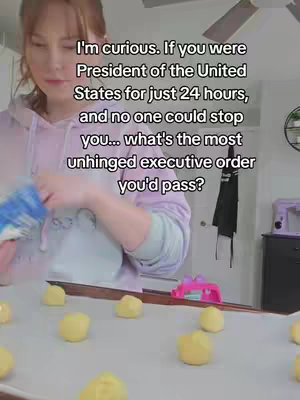 A young woman is in a kitchen, leaning over a baking sheet with round, yellow cookie dough balls. Text overlays on the image, prompting a hypothetical question related to the U.S. presidency.