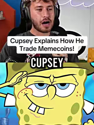 The image is divided into two main parts. The top half features a man with headphones, and the bottom half displays a cartoon image. The text on the top half reads, 'Cupsey Explains How He Trade Memecoins!' and below it, the name "CUPSEY." The bottom features Spongebob Squarepants saluting.