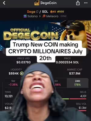 The cover image features a split-screen appearance. The bottom half showcases a man with short black dreadlocks, making an energetic expression. The top half displays a screenshot from a financial app or interface, with text and data related to a cryptocurrency called "DegeCoin." Included are price details, liquidity and market cap, and transaction data.
