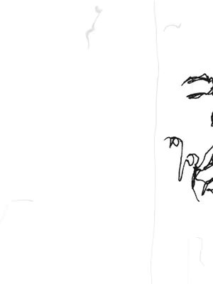 An abstract drawing of a face composed of rough, black lines. The drawing appears to be a minimalist, artistic sketch. The layout is split, with the majority of the artwork on the right.
