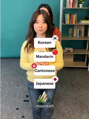A woman in a yellow sweater and jeans stands in front of a teal wall and a bookshelf. Text overlays with the names of Asian languages appear on top of her. A person is slightly visible behind her.