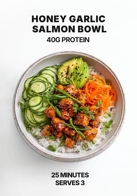 A top-down shot of a vibrant salmon bowl arranged in a stylish, speckled ceramic bowl against a bright white background. The bowl contains white rice, topped with pieces of cooked salmon coated in a glistening sauce, sliced cucumbers, avocado slices, and shredded carrots. Sprinkled on top are sesame seeds and chopped green onions, which add a splash of color and freshness. The image is well-lit, highlighting the textures and vibrant colors of the ingredients.