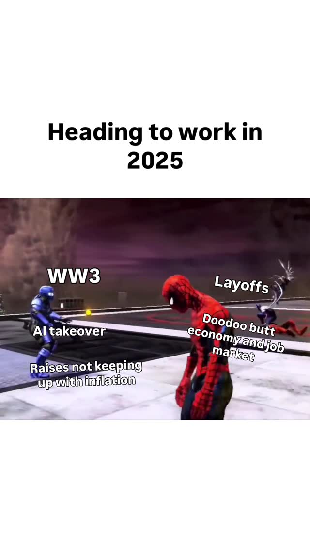 A meme-style image with a futuristic sky backdrop and a comic-book-style image with text overlays indicating negative future scenarios. The central figure is Spider-Man, looking dejected, and the text bubble contains phrases like WWIII, AI takeover and layoffs.