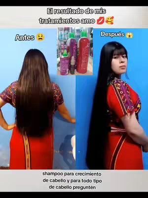 A split image shows a before-and-after comparison of a woman's hair. On the left, labeled "Antes", a woman with long, dark hair is shown from the back, wearing a red dress. On the right, labeled "Después", the same woman is seen with much longer, sleek, and glossy black hair, facing the camera. In the center, images of hair care products are displayed.