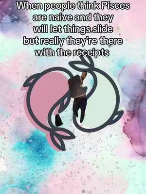An image with a person in the middle, wearing a grey blazer and holding a black briefcase. The person is floating between two stylized fish shapes that are pink and teal with black outline. Above is text in white font that reads: "When people think Pisces are naive and they will let things slide but really they're there with the receipts". The background has a mix of colors like pink, teal and purple.