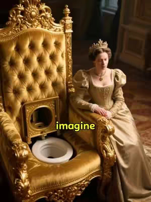 The image shows a woman in a gold dress and crown seated in a golden, ornate chair that appears to be designed with a built-in toilet. The woman is looking off to the side with a serious expression. The background gives a sense of an interior.