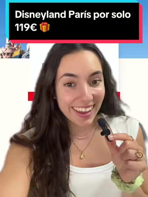 A woman with long dark hair smiles at the camera while holding a small microphone. Behind her, a red and white background is visible, and an overlayed text announces an offer for Disneyland Paris.
