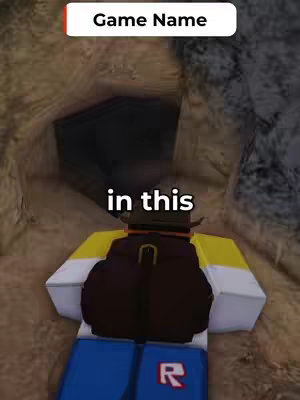 The image shows a Roblox character from the back, wearing a cowboy hat and a backpack, entering a dark cave. The top part of the cave is a dark opening with a game name displayed at the top in a white box with a red background, text overlayed reads "in this". The scene is a first-person perspective of someone entering a cave with rough brown cave walls surround.