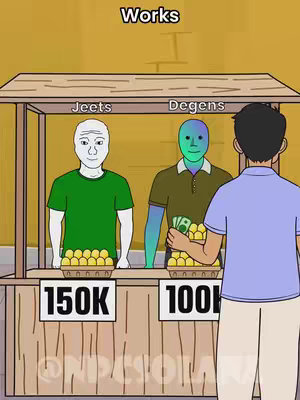 An animated image depicts a street vendor scene with three characters. The background is a simple yellow color. A wooden stall is set up, with two figures behind it. The characters are designed after internet meme templates: one is the Wojak meme wearing a green t-shirt, and the other is a colorful NPC. Both stand behind a counter with baskets of eggs, with signs indicating the number for sale. On the right, another figure, viewed from the back, is about to make a purchase.