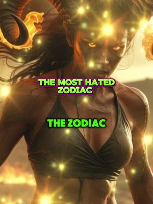 A digital artwork featuring a woman with dark, fiery eyes, wearing a bikini top, and with glowing orbs around her head and shoulders. Text overlays in a bold font read, 'THE MOST HATED ZODIAC' and 'THE ZODIAC'.