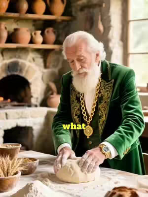 An older man with a long white beard and a green suit is kneading dough on a table. The background shows a rustic kitchen with pottery and a brick oven.