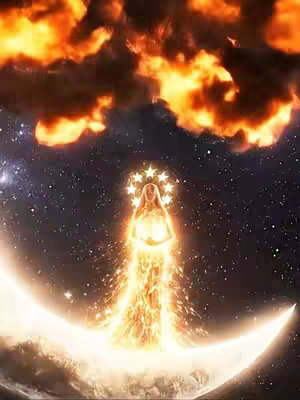 An illustration depicting a celestial scene. A figure, seemingly a woman, stands inside a crescent moon while radiating a golden light. She is adorned with a crown of stars. Behind her is a starry sky and above are fiery orange clouds.