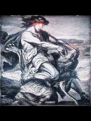 A monochromatic graphic depicts a muscular man, likely Samson, with long hair, riding and restraining a large lion. The man is the focal point, with a determined expression and glowing red eyes. The lion beneath him appears weakened. The overall composition is dynamic, suggesting a struggle or display of strength. The artwork is detailed, with an aged, illustrative style reminiscent of woodcuts. The background is a textured, faded landscape giving context fo the biblical scene. The background is mostly muted, allowing the figures to stand out.