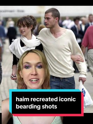 The cover image shows a split scene. At the bottom is a selfie of a woman with light hair and purple eyeshadow, smiling at the camera. Above, the backdrop shows two people walking, the woman is next to the man, putting her arm around his arm. A text overlay in a black box at the bottom states 'haim recreated iconic bearding shots'.