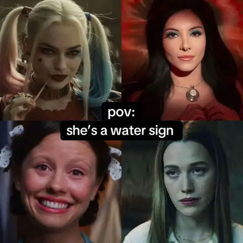 A collage of four images of women. The top left shows a woman with pigtails, dark makeup, a cigarette holder in her mouth, and a mischievous gaze. The top right shows a woman with dark hair and a pendant. The bottom left shows another woman with pigtails and a large smile. The bottom right shows a woman with long hair, looking thoughtful. The text overlay reads 'pov: she's a water sign'.