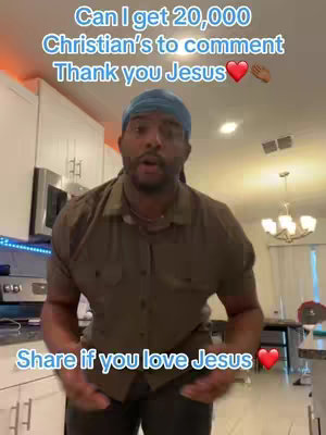 A man in a green button-up shirt and a blue cap stands in a kitchen, looking at the camera with an open mouth. Text overlays ask for Christian commentary.