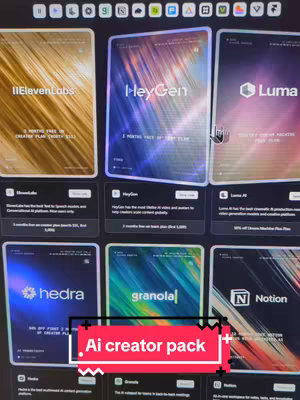 The image shows a computer screen displaying what appears to be thumbnails of various apps. The central element is a large, red banner that says 'Ai creator pack'.