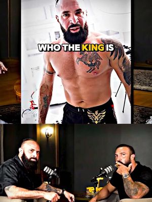 The video cover is a vertical collage. The top portion features a shirtless man with tattoos and a beard, looking directly at the camera. Text overlayed reads, 'WHO THE KING IS'. The bottom portion shows two men seated, one with a beard and one without, both speaking into microphones. The color palette consists of dark tones and skin tones.