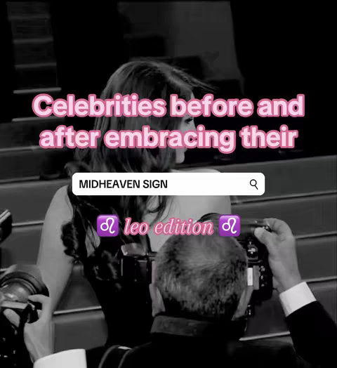 A black and white image is used as a background, which seems to be from a red carpet or similar event, a woman is getting her picture taken in a black dress. Overlay text in pink is used as a hook. There is a search bar text on top with the phrase. The video is related with zodiac signs and astrology concepts.