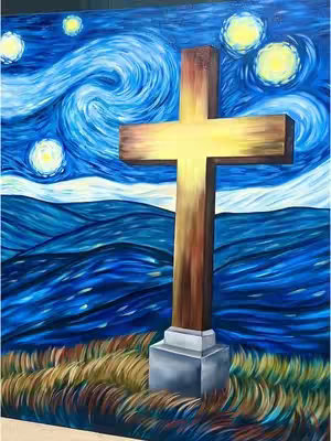 An artistic painting of 'Starry Night,' with a large wooden cross superimposed in the center. The cross is illuminated, with a glowing yellow light emanating from it. The background replicates Van Gogh's style, featuring swirling blue skies with bright, star like orbs. The foreground shows golden-brown, grassy details against what appears to be a body of water.