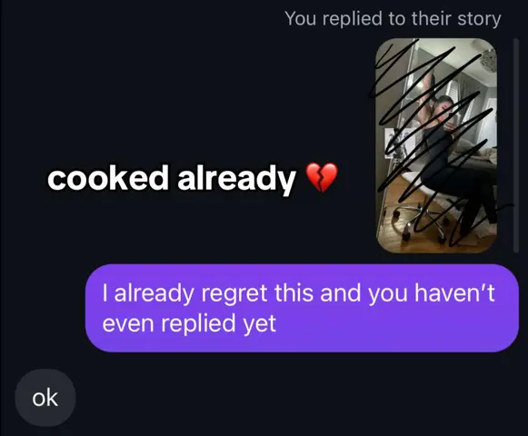The cover image is a screenshot of a chat interface. The background is dark, and overlaid are speech bubbles and an image. The main text overlay says 'cooked already' with a broken heart emoji. There's a smaller chat bubble saying 'ok'. The larger bubble states, 'I already regret this and you haven't even replied yet.' On the right side, there's a small circular cropped image of an individual, who is somewhat obscured by a scribbled pattern.