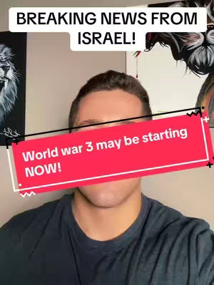 A man is centered in the frame from the chest up, with text overlays. The background shows parts of room decor, including a black and white artwork. A red rectangular text overlay reads, "World war 3 may be starting NOW!" The primary colors are red and dark tones. The overall look is direct and attention-grabbing.