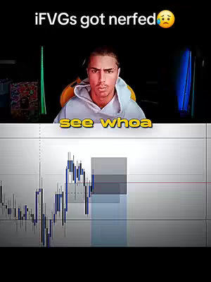 The cover image is split into two sections. The upper half shows a young man with a distressed expression looking directly at the viewer. He is wearing a light blue hoodie and is set against a partially visible dark background. Above him, text reads "iFVGs got nerfed" with a sad face emoji. The lower half displays a technical chart with blue and white candlestick patterns. Over the chart, there is text indicating "see whoa". The image conveys a sense of frustration and technical analysis of trading, with a split focus on the presenter and the market data. 