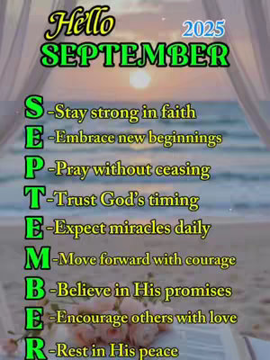 The cover image features a motivational message for September 2025. The word "SEPTEMBER" is prominently displayed in green, with each letter serving as the first letter of a positive affirmation. The background includes a serene beach scene with a sunrise or sunset, framed by white curtains. The overall color scheme is soft and calming, with a focus on green, yellow, and white tones.